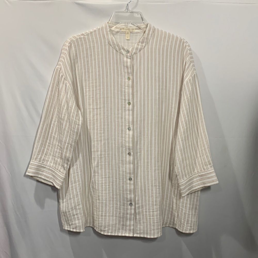 EILEEN Fisher Organic Cotton Button Down Shirt with Mandarin Collar 3/4 Sleeves